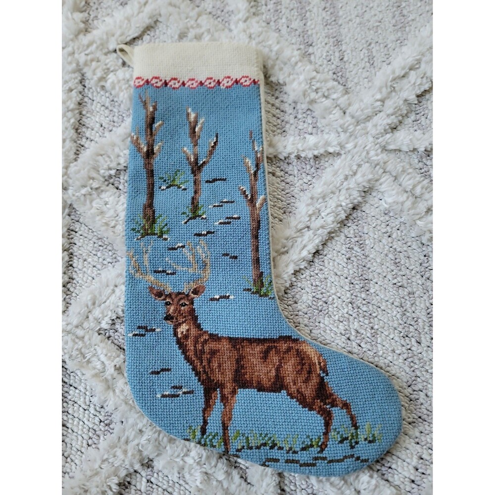Vintage Handmade Needlepoint Christmas Stocking Deer Scene 17x5.5"